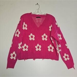 Brooklyn Karma Daisy Distressed V Neck Floral Sweater Medium